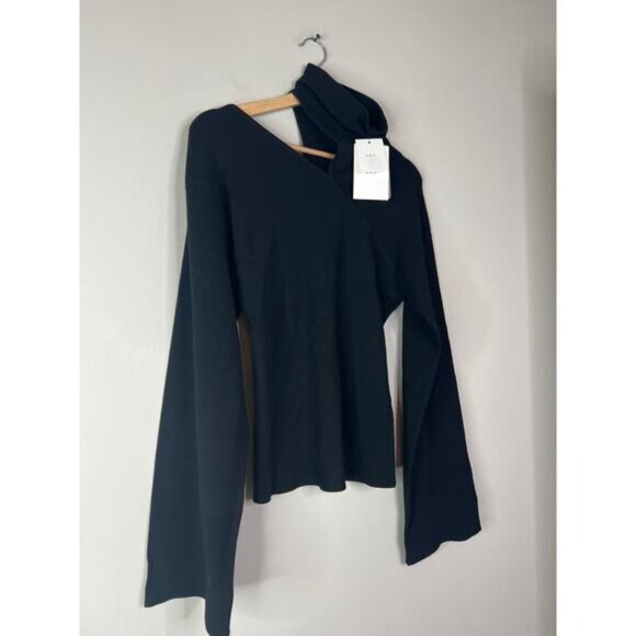 NWT A.L.C. Edith Rib Knit Turtleneck Pullover Cutout Shoulder Black Sweater - Picture 3 of 8